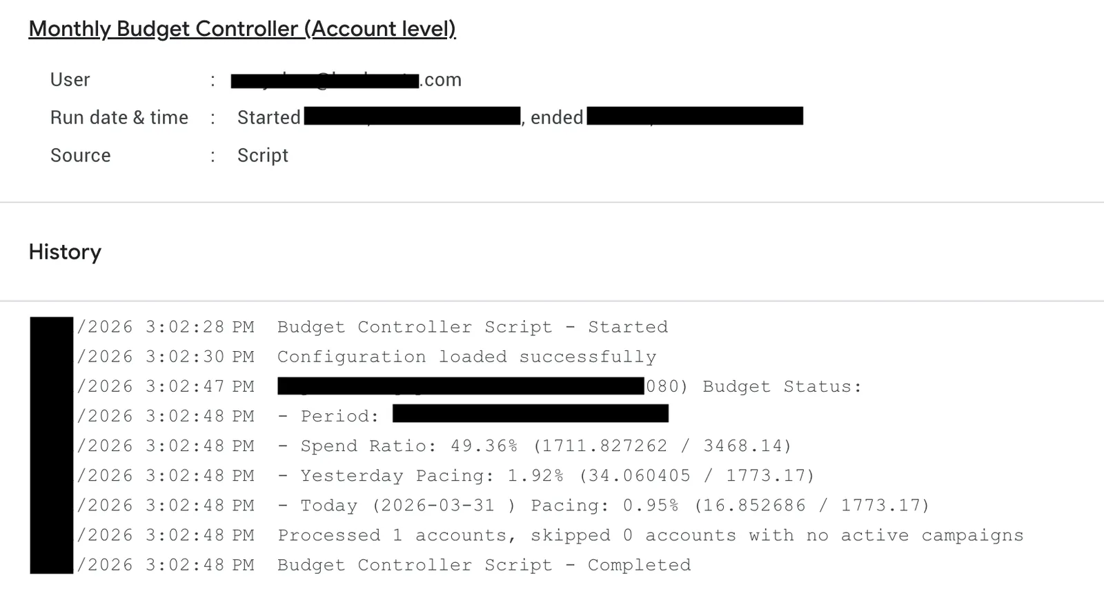 Google Ads Script execution log