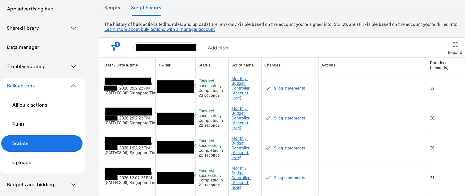 Google Ads Script execution history showing successful automated runs