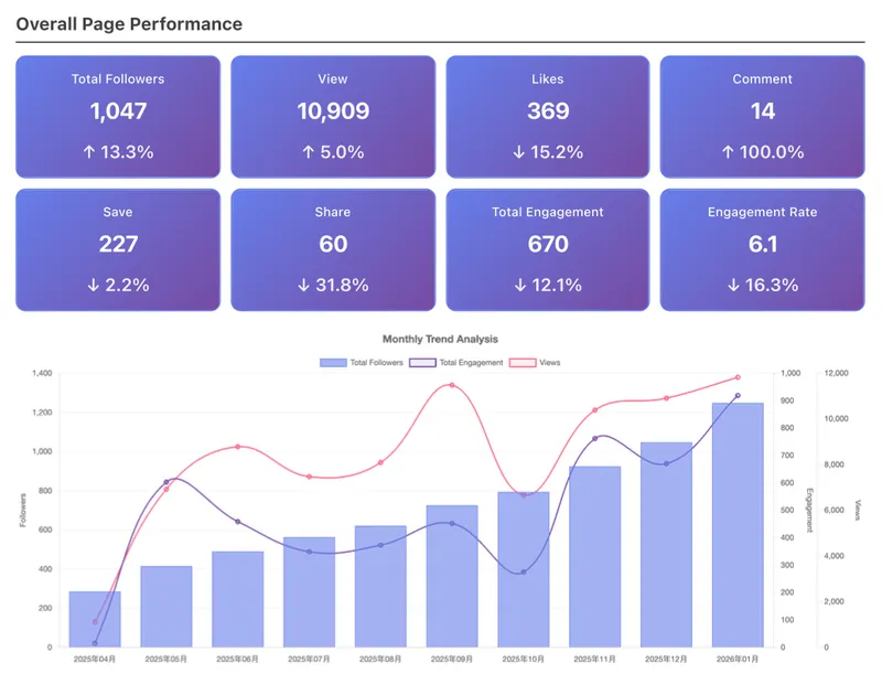 Overall page performance dashboard: follower, view, and engagement KPIs with a monthly trend chart